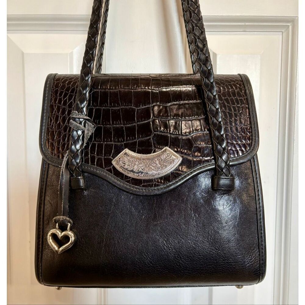 BRIGHTON- Vintage (Y2K) Smooth Black Leather + Croc Embossed Bucket/Shoulder Bag